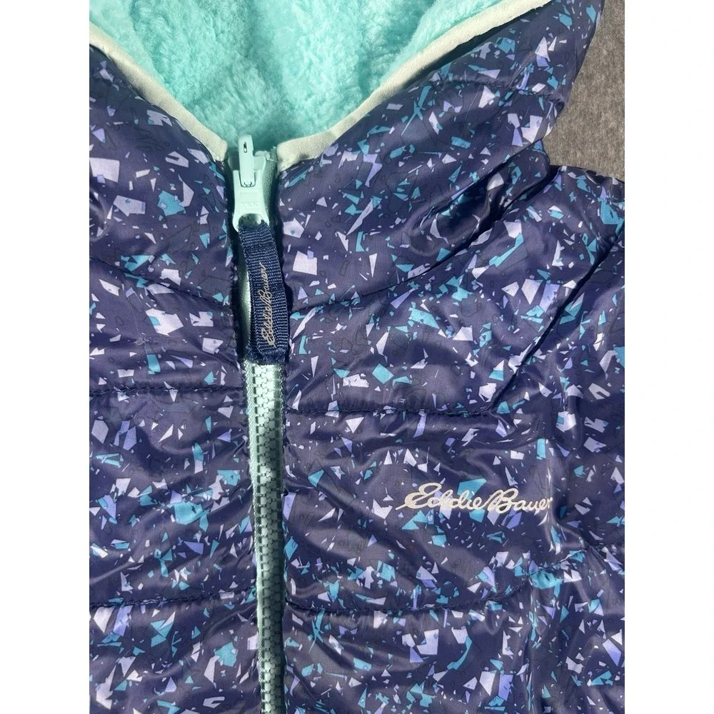 Eddie Bauer Kids Reversible Hooded Jacket Blue Pattern Teal Fleece M(10-12)